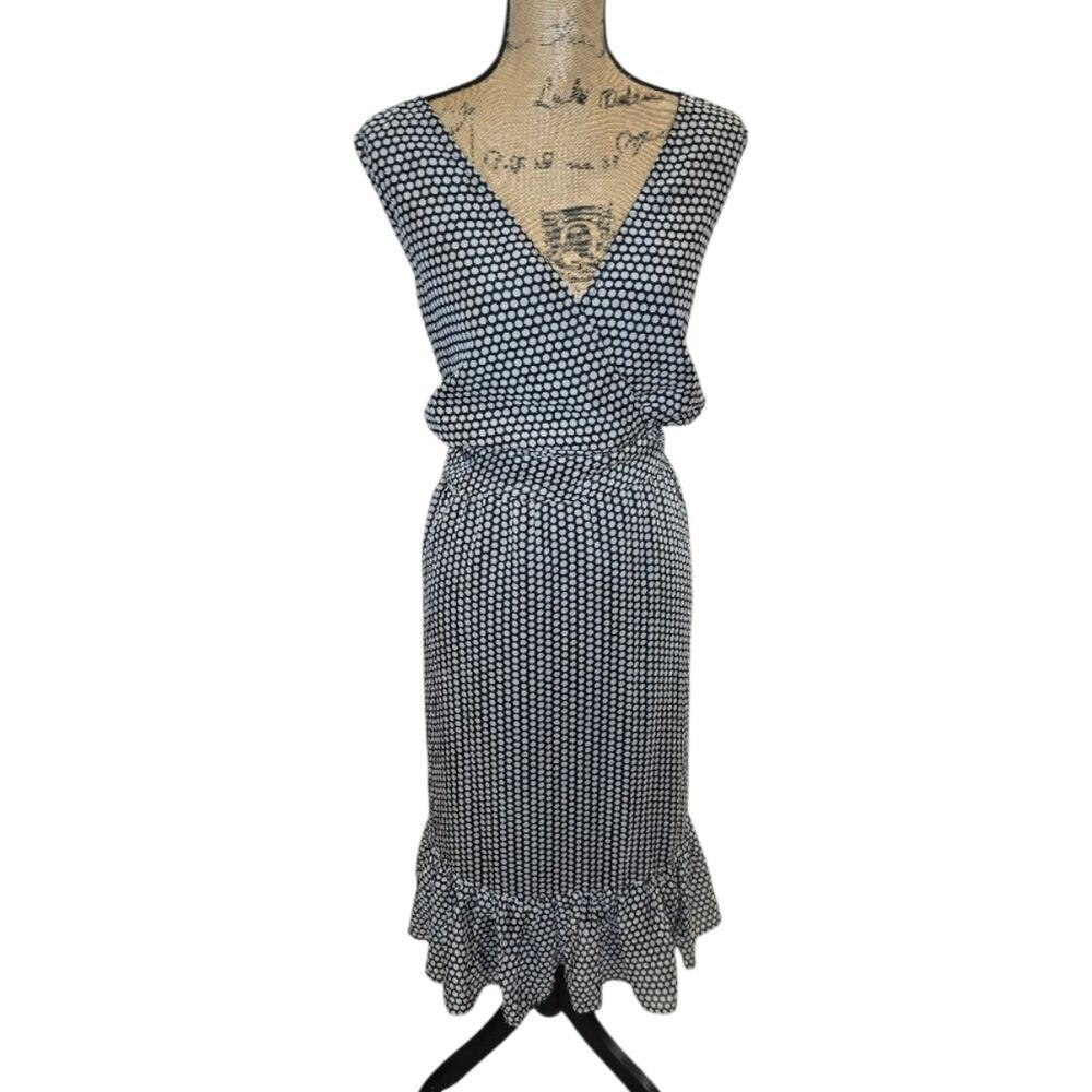 Avenue Polka Dot Midi Dress Sleeveless V Neck Ruffle Hem Black White Casual 26
